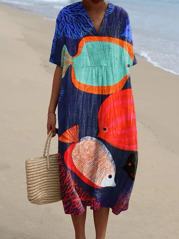 Women's  Japanese Fish  Art Print Flowy Dress