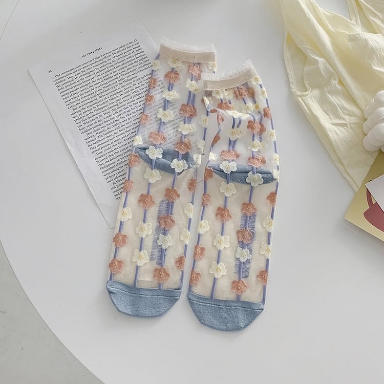Fairy Tales Aesthetic Cottagecore Fashion Sheer Floral Print Socks QueenFunky