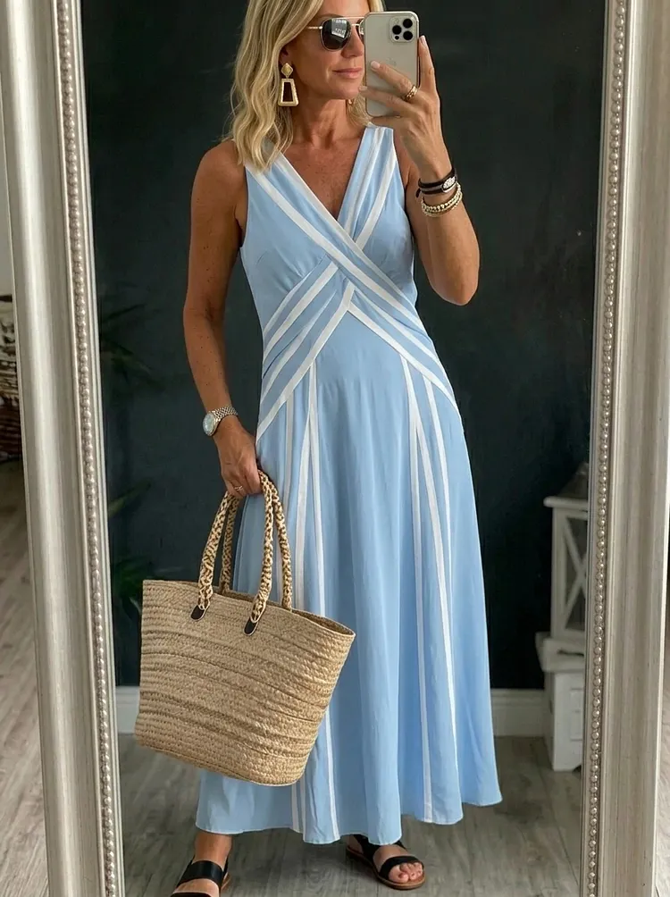 Women&rsquo;s Casual Sleeveless Cross-collar Striped Cotton Maxi Dress