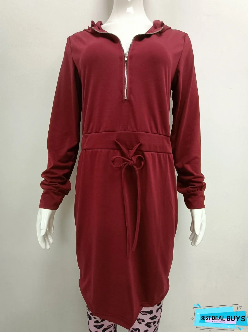 New Women's Solid Color Zipper Long Sleeve Hooded Waist Dress