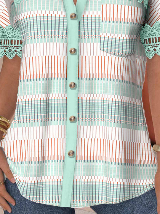 Women Short Sleeve V-neck Striped Printed Graphic Lace Hollow Stitching Button Tops