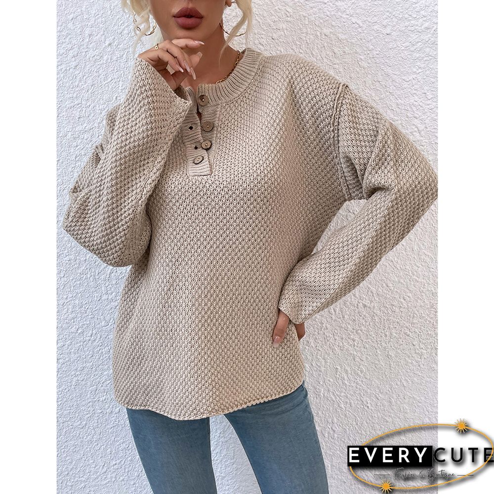 Khaki Button-up Crew Neck Drop Shoulder Knit Sweater