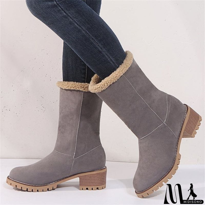 MidiSono - Warm Fur Lining Square Chunky Heel Suede Snow Boots for Women