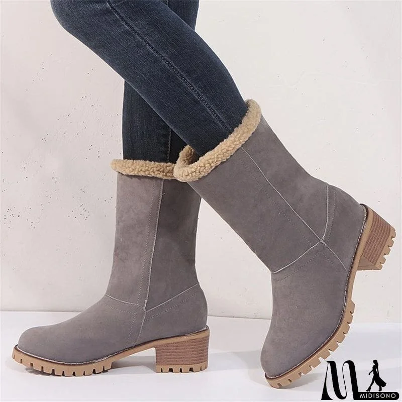 MidiSono - Warm Fur Lining Square Chunky Heel Suede Snow Boots for Women