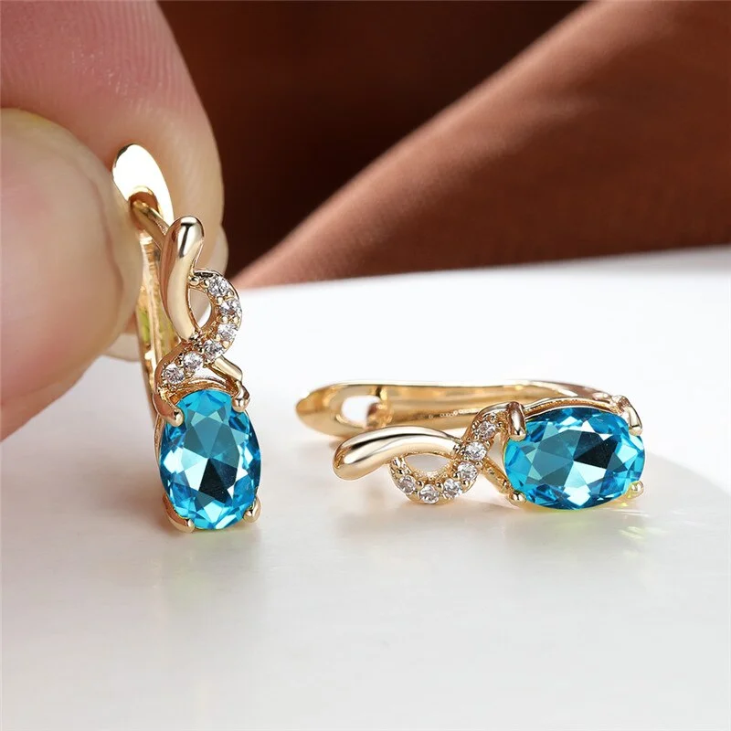 Cute Female Small Hoop Earrings Rainbow Crystal Pink Oval Zircon Earrings Champagne Gold Color Wedding Earrings For Women