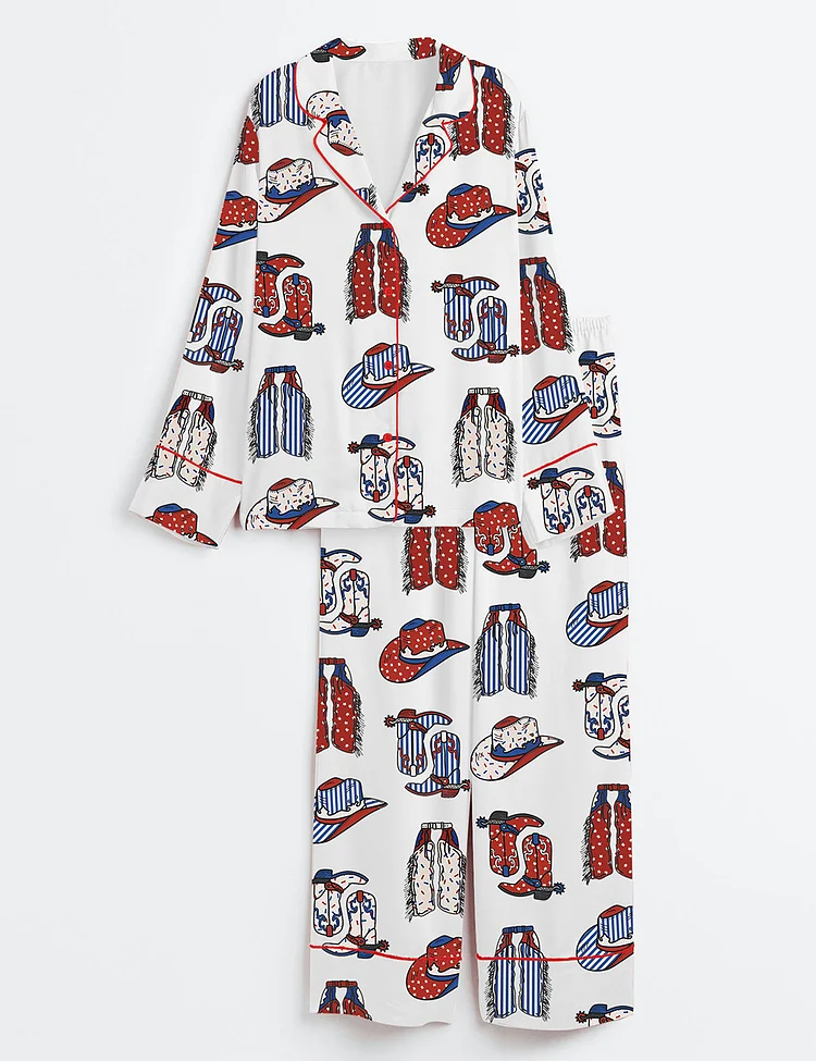 Women&rsquo;s Boots Chaps Cowboy Hats Western 4th Of July Long Sleeve Satin Pajama Set