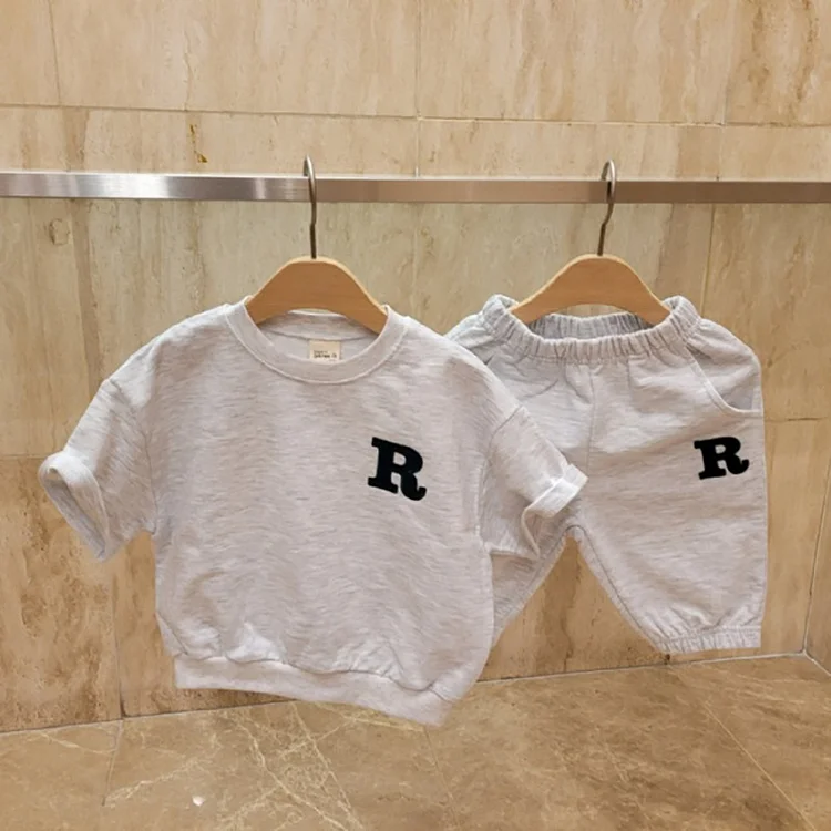 2pcs Baby Toddler Boy/Girl Solid Color Letter Print Short Sleeve T-shirt and Shorts Set