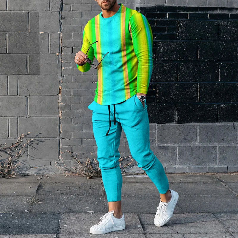 Fluorescent Vertical Stripes Gradient Long Sleeve T-Shirt And Pants Co-Ord