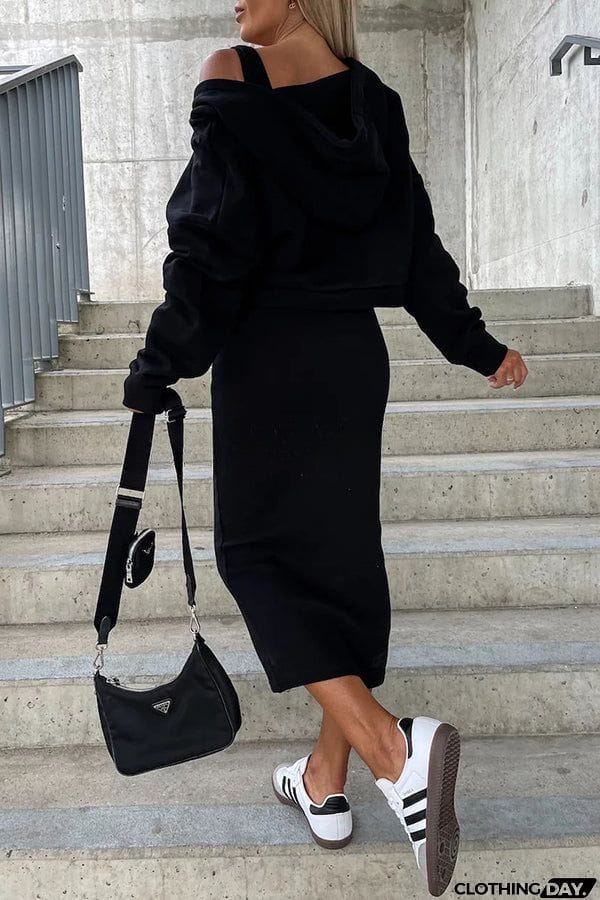 Around The World Hooded Sweatshirt and Slip Maxi Skirt Two Piece Set