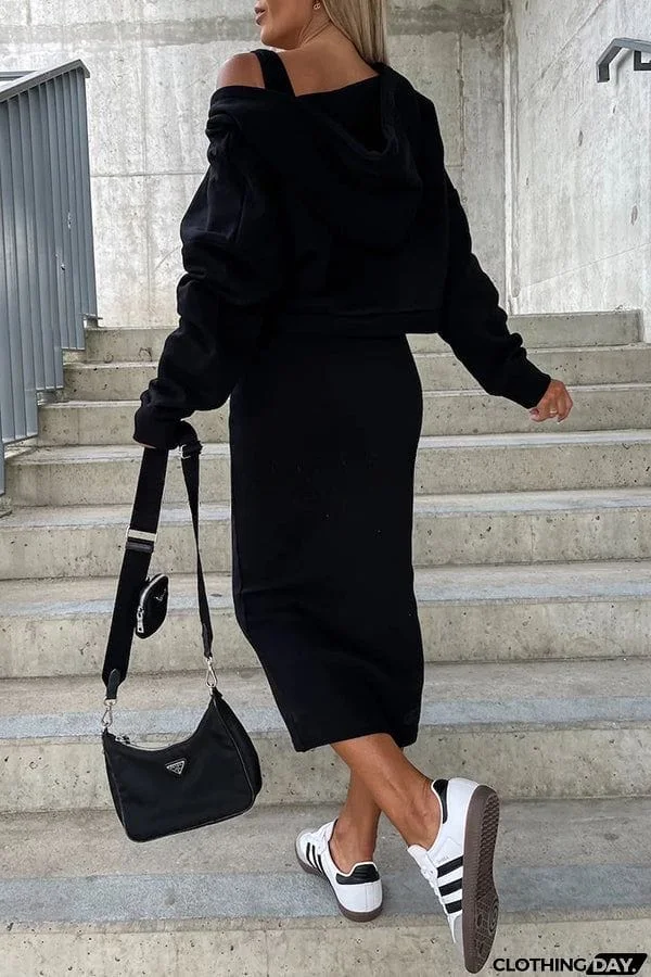 Around The World Hooded Sweatshirt and Slip Maxi Skirt Two Piece Set