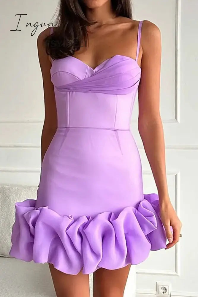 Ingvn- Sexy Solid Fold V Neck Wrapped Skirt Dresses Purple / S Dresses/Summer