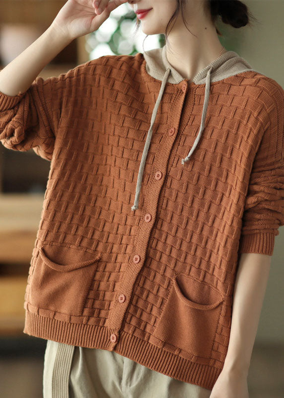 VCSHOES Orange Hooded Patchwork Drawstring Knit Cardigan Spring