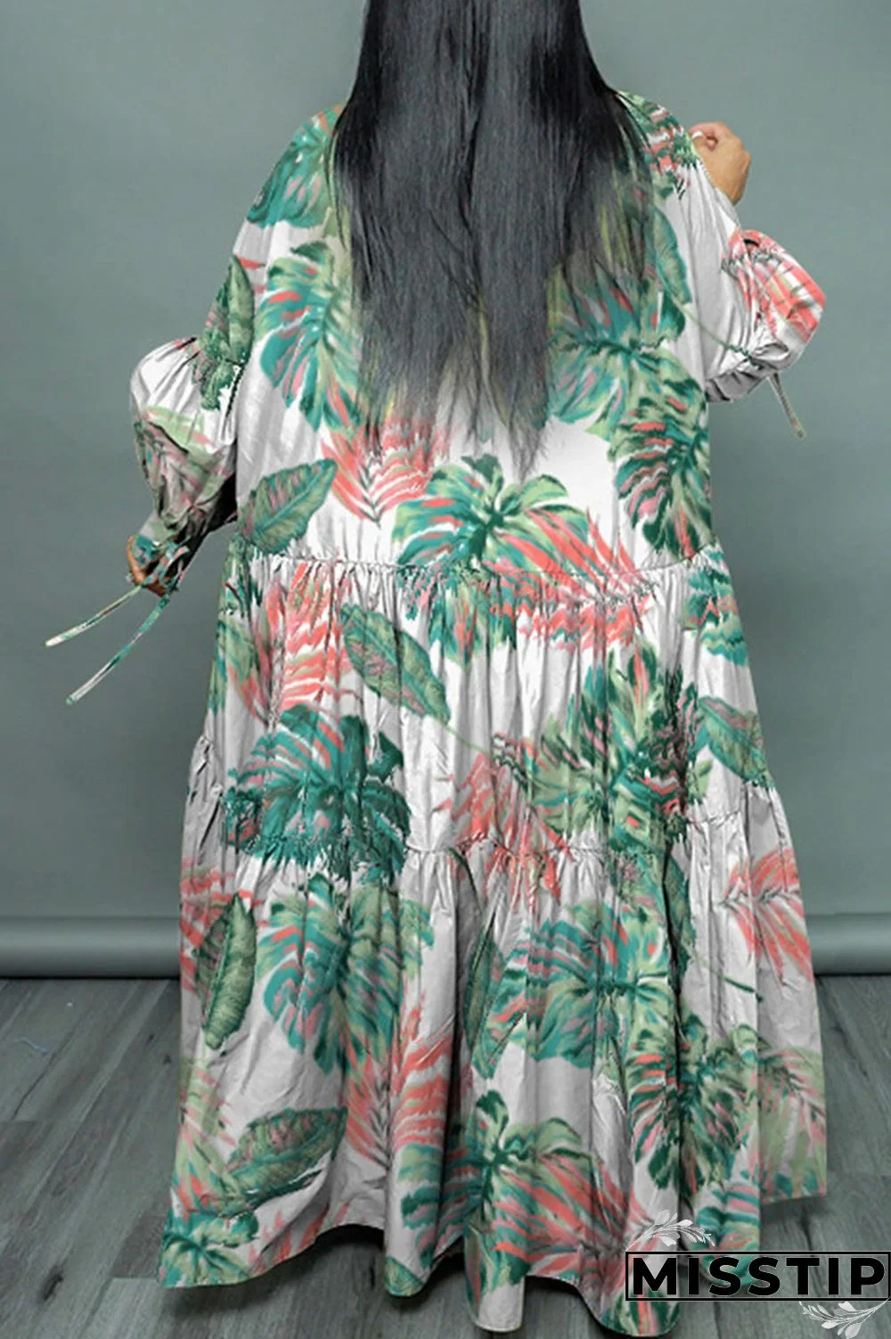 Cyan Casual Print Patchwork Buckle Fold Turndown Collar Long Dress Plus Size Dresses