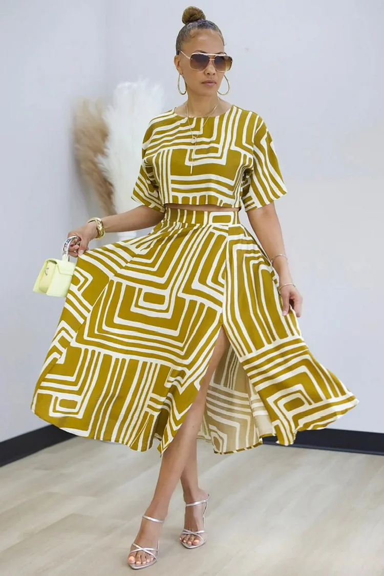 Geometric Print Crew Neck Top Slit Midi Skirt 2pcs Set-Yellow [Pre Order]