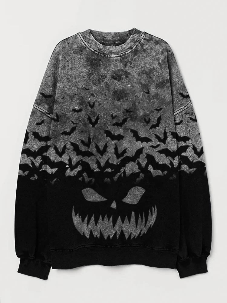 Halloween Pumpkin Face Bats Contrast Color Washed Sweatshirt