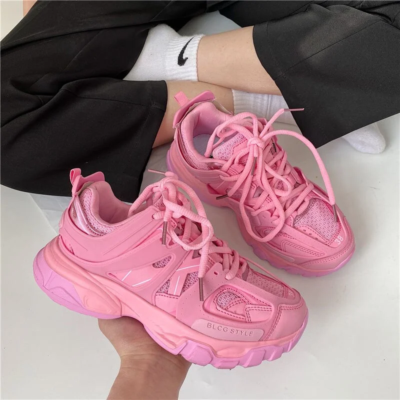 Lovely Pink Chunky Sneakers Women 2022 Thick Sole Girls Sport Shoes ...
