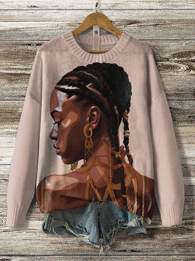 Women's Black Woman Side Face Art Print Knit Sweatshirt