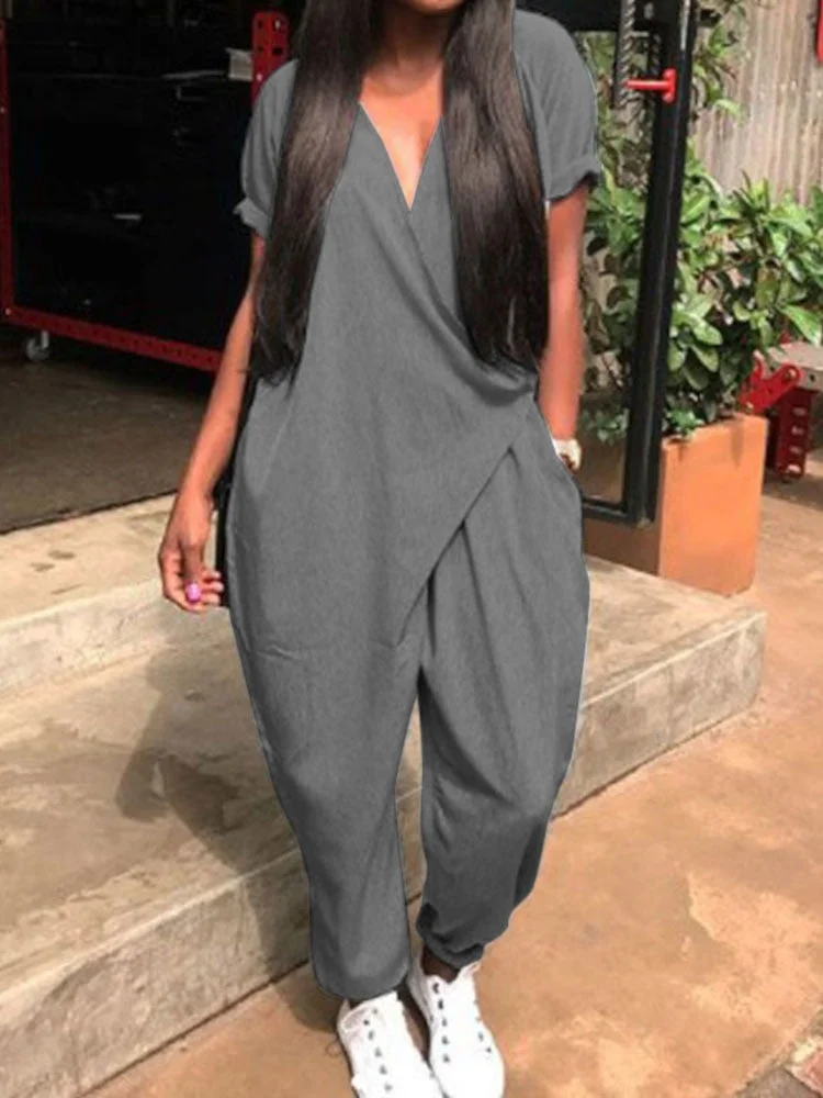 2022 ZANZEA Fashion Summer Rompers Women Solid V Neck Long Jumpsuits Casual Loose Short Sleeve Overalls Harem Pants Playsuits