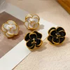 Black White Camellia Floral Earrings