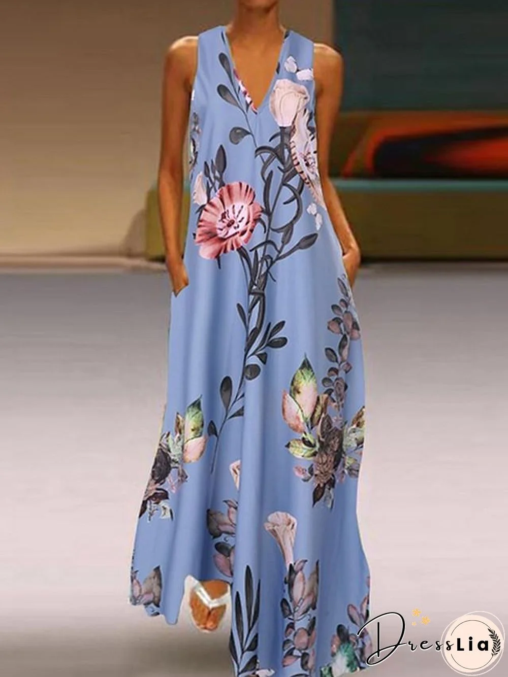 Women's A-Line Dress Maxi long Dress Sleeveless Floral Print Summer V Neck Plus Size Hot Casual Holiday Loose White Blue Yellow S M L XL XXL 3XL 4XL 5XL White Dresses