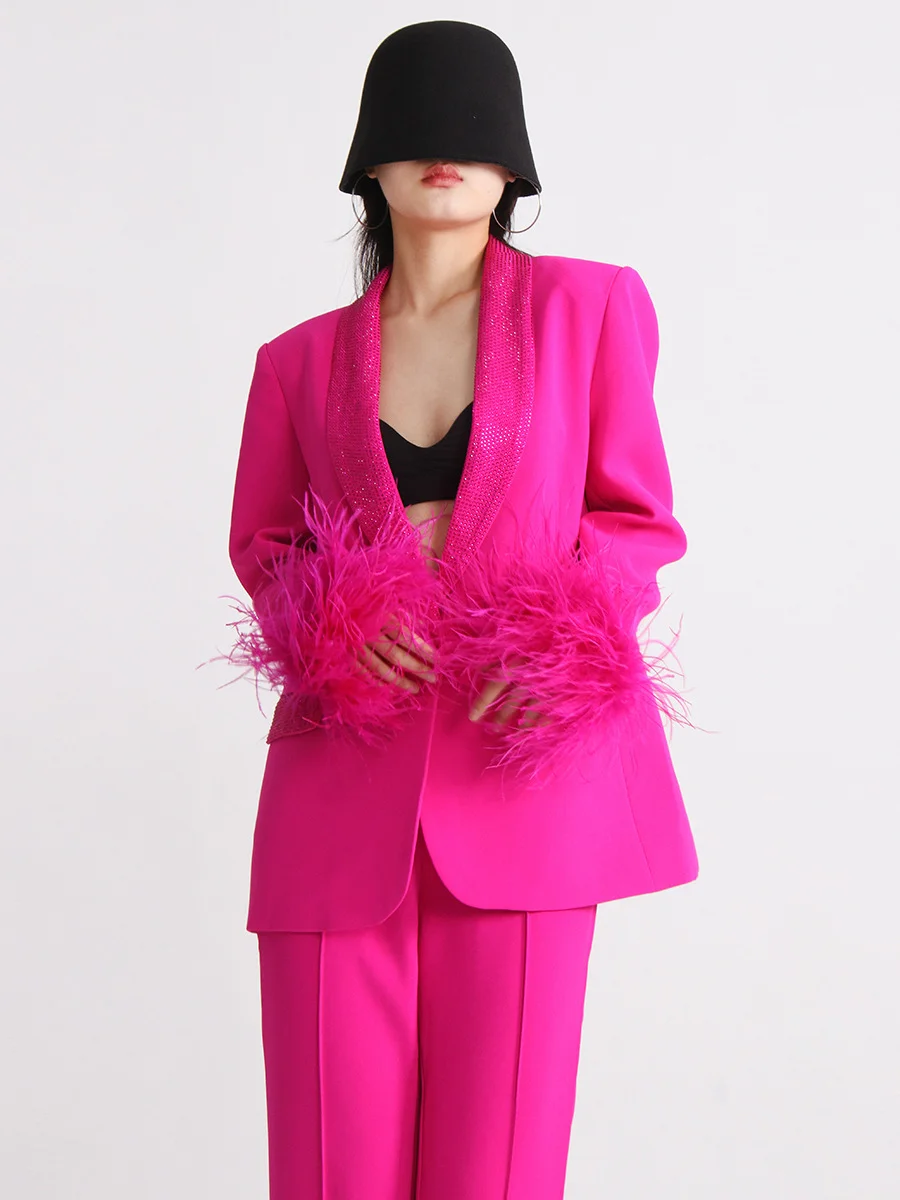 Toloer Toloer New Temperament Top Collar With Diamond Design Sense Cuff Stitching Ostrich Hair Long Sleeve Suit Spring Style-Outfit Ideas