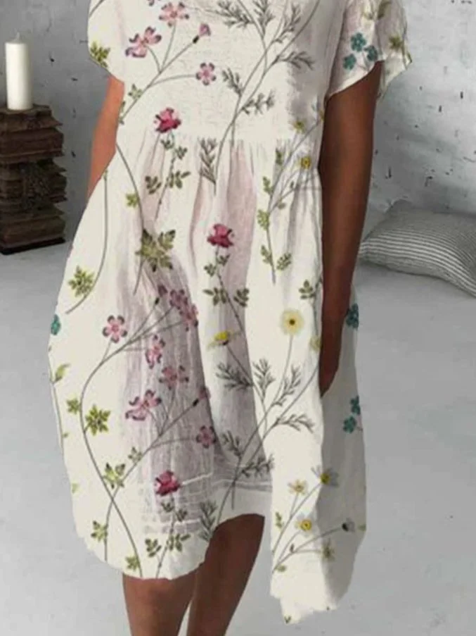 Floral Short Sleeve Cotton-Blend Dresses