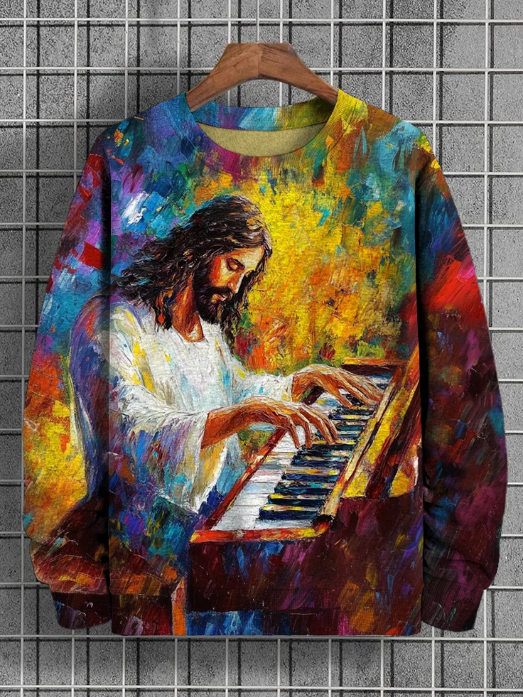 Men's Glorious Jesus Playing The Piano Oil Painting Print Casual Sweatshirt