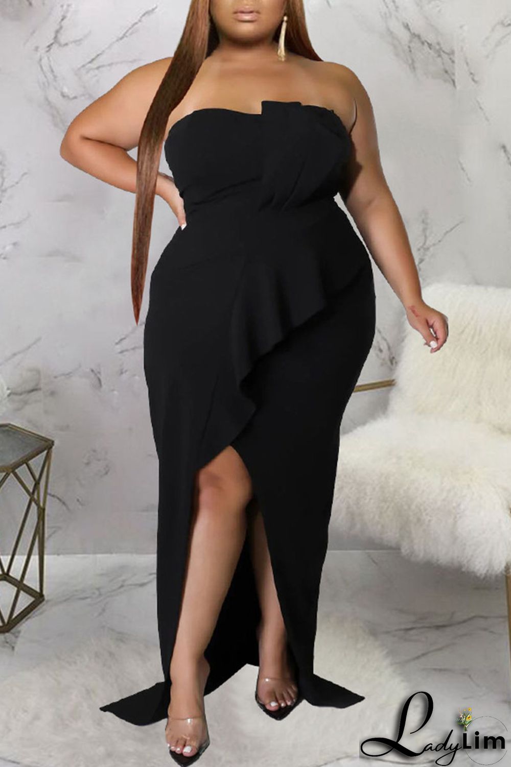 Burgundy Sexy Solid Patchwork Flounce Slit Asymmetrical Strapless Evening Dress Plus Size Dresses