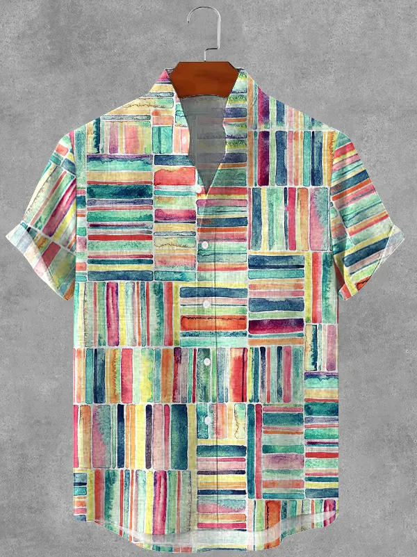 Men's Retro Oil Painting Plaid Art Print Cotton And Linen Shirt