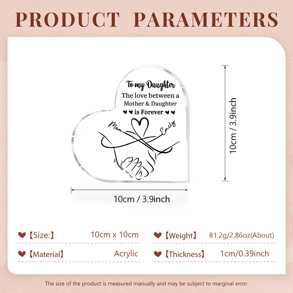 Personalised Text Acrylic Heart Keepsake Custom 2 Names Holding Hands Ornament - The Love Between A Mother & Daughter is Forever-Jessemade AU