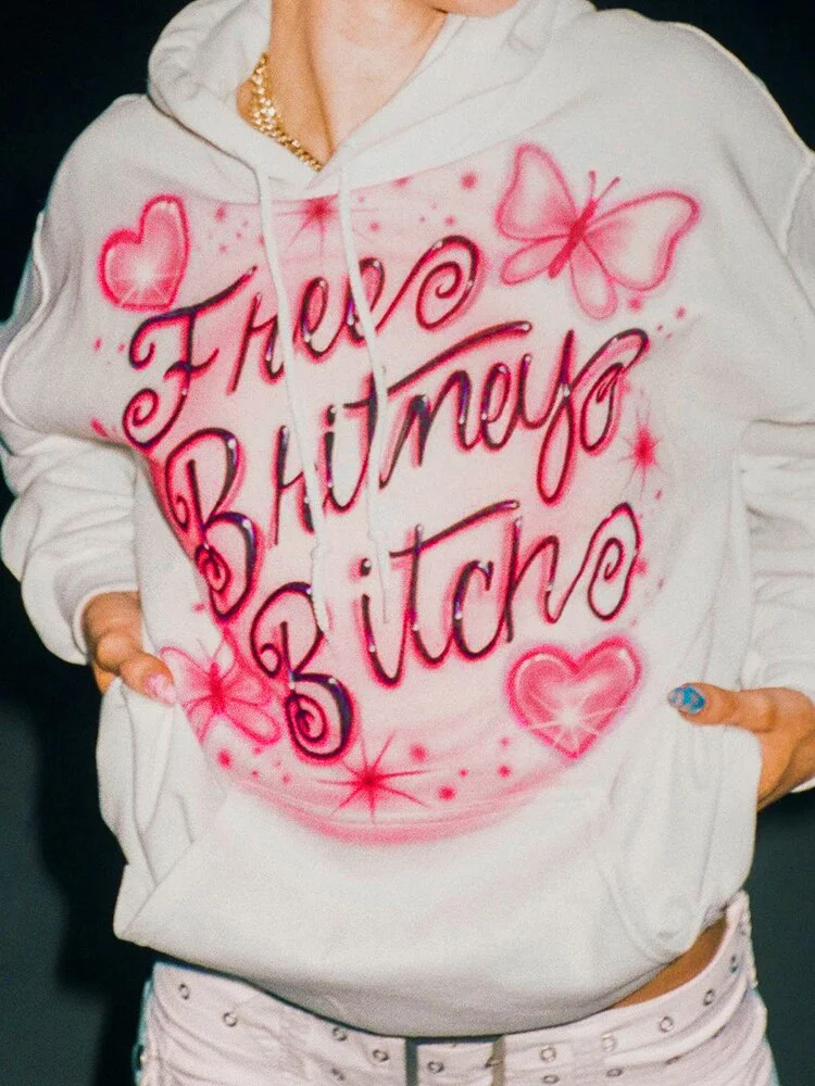 WannaThis Y2K Letter Print Women Hoodies Sweatshirts Cotton Pullover White Lace Up Pockets Cute Casual Long Sleeve Autumn Tops