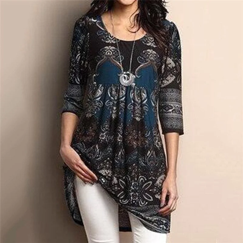 Women Fashion Tops Bohemian Three Quarter Sleeve Paisley Floral Print O-neck Muti Colors Loose Female Long Tops Plus Size