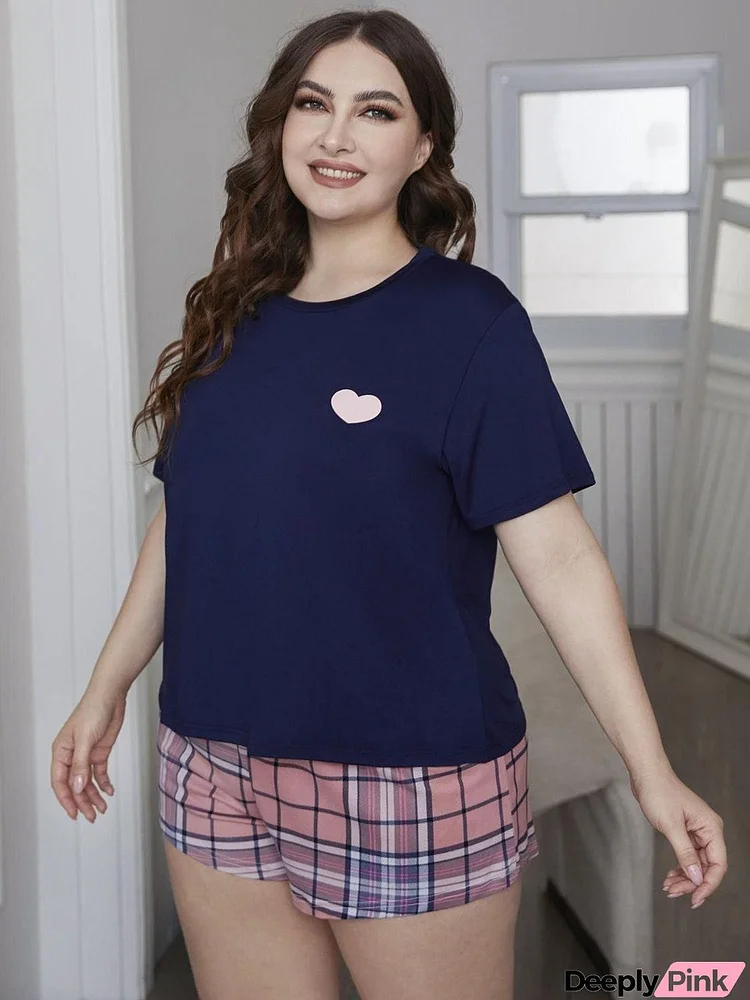 Plus Size Heart Graphic Top and Plaid Shorts Loungewear Set