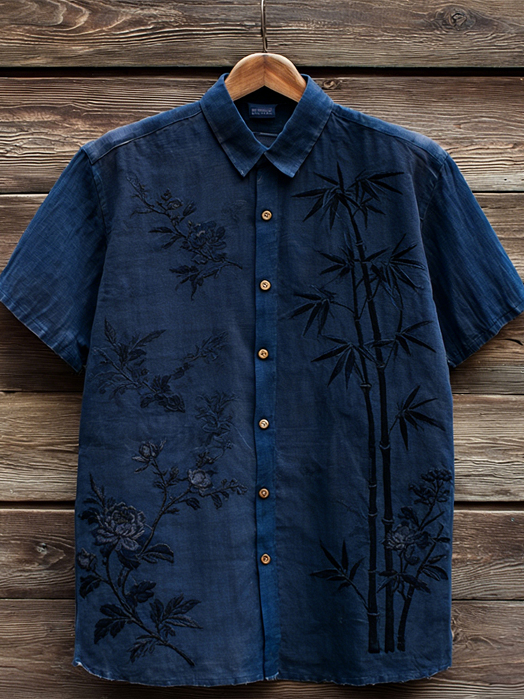 Vintage Flowers & Bamboo Art Short Sleeve Linen Shirt  artssus