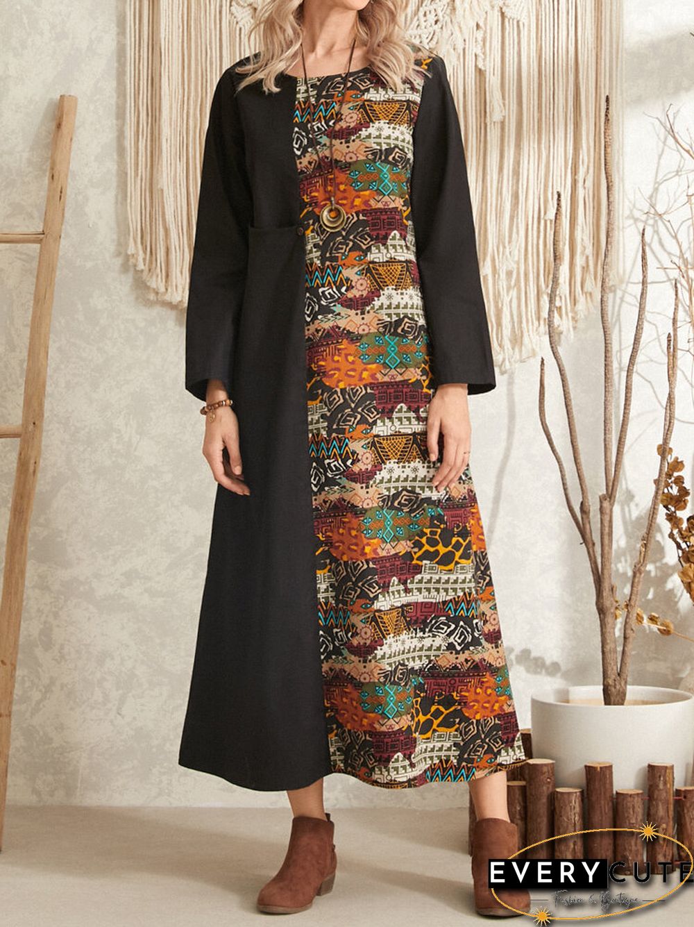 Tribal Pattern Long Sleeve O-neck Pocket Maxi Dress