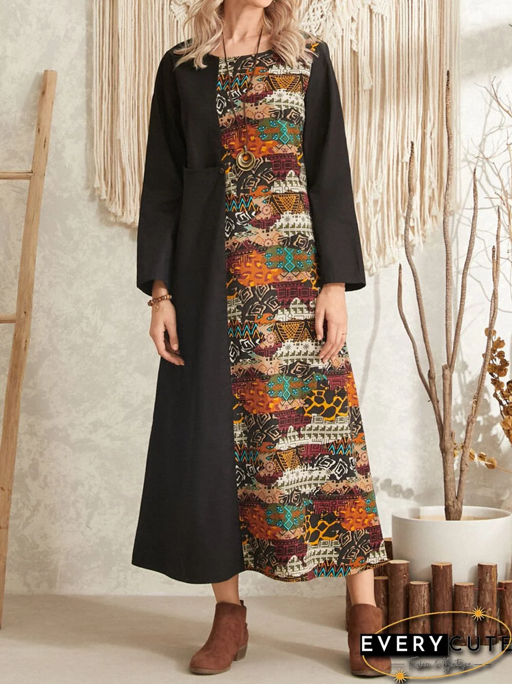 Tribal Pattern Long Sleeve O-neck Pocket Maxi Dress