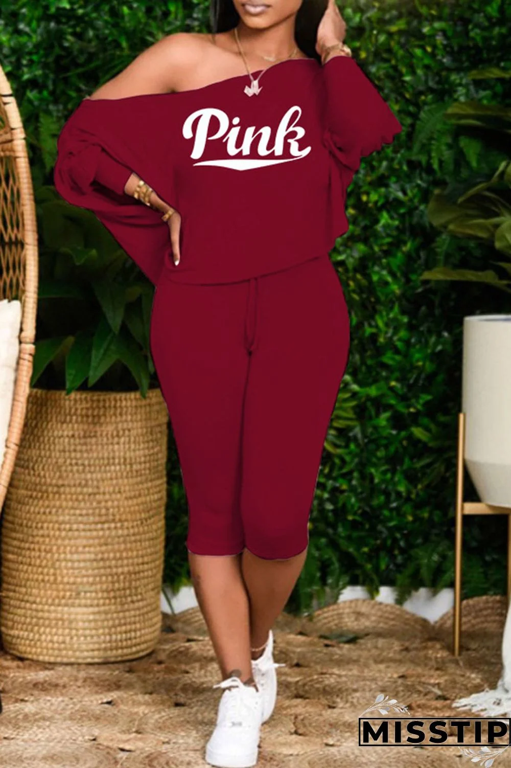 Burgundy Casual Print Patchwork Off the Shoulder Long Sleeve Two Pieces