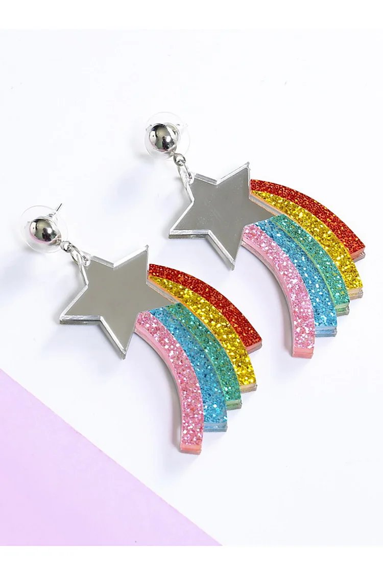 Rainbow Colorblock Rectangle Shape Star Pendant Pair Earrings