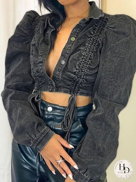 Coats Long Sleeve Lapel Short Cropped Denim Single-Breasted Coat for Women