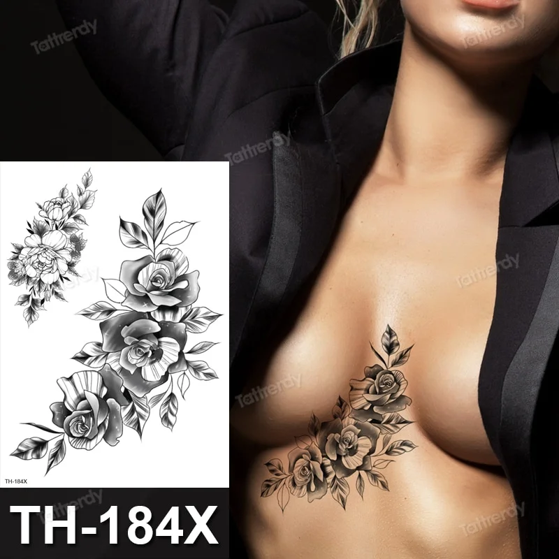 Sdrawing henna black lace mandala flowers sexy waterproof temporary tattoo for women thigh body tattoo sketch flower rose peony big