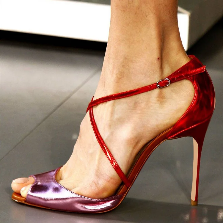 Red and Pink Metallic Crisscross Straps Peep Toe High Heel Shoes |FSJ Shoes