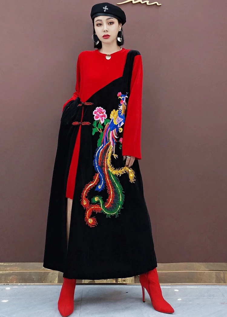 vintage Red Oriental Embroideried Patchwork Velour long Dresses