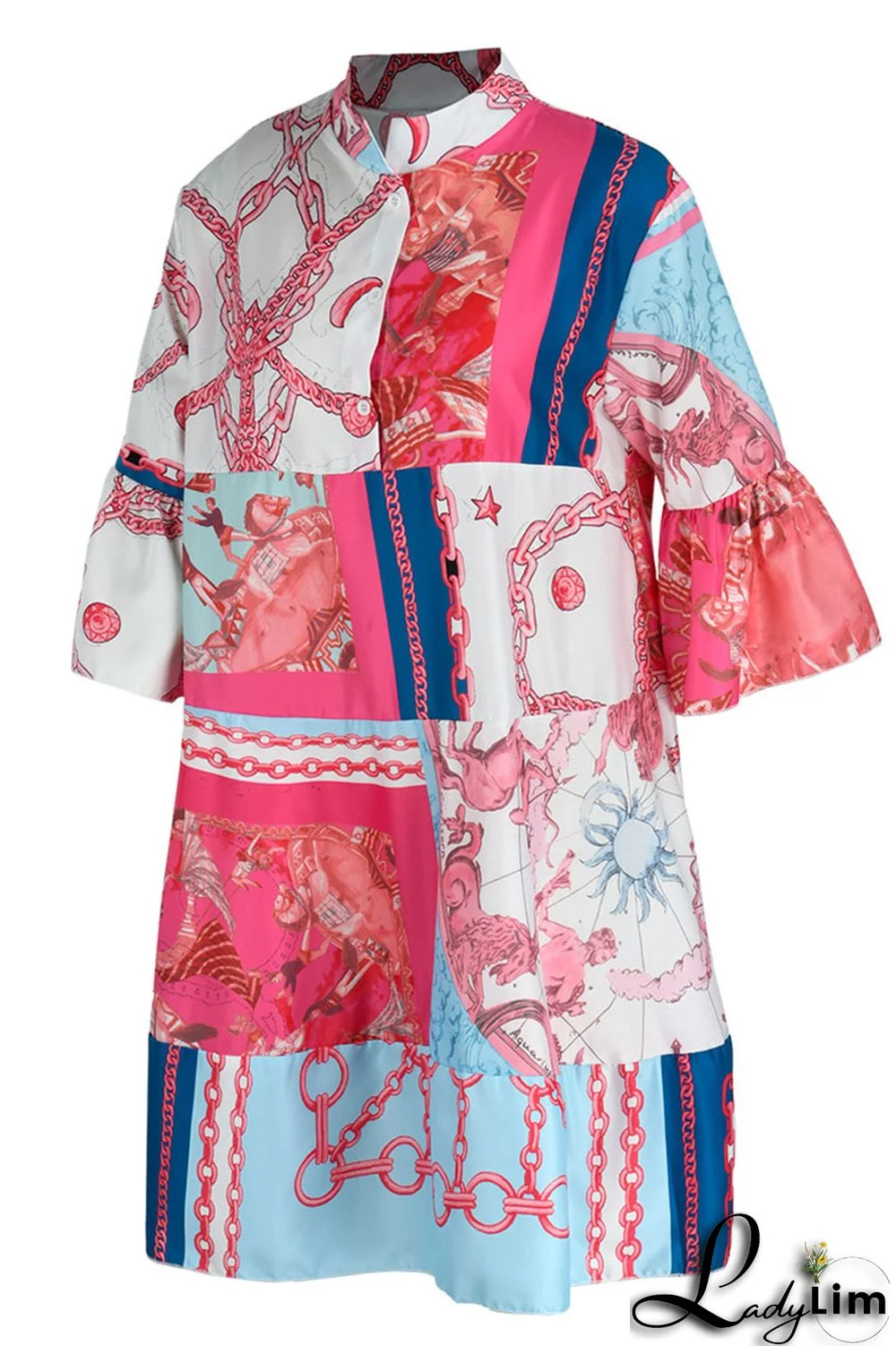 Gold Fashion Casual Print Patchwork V Neck A Line Dresses