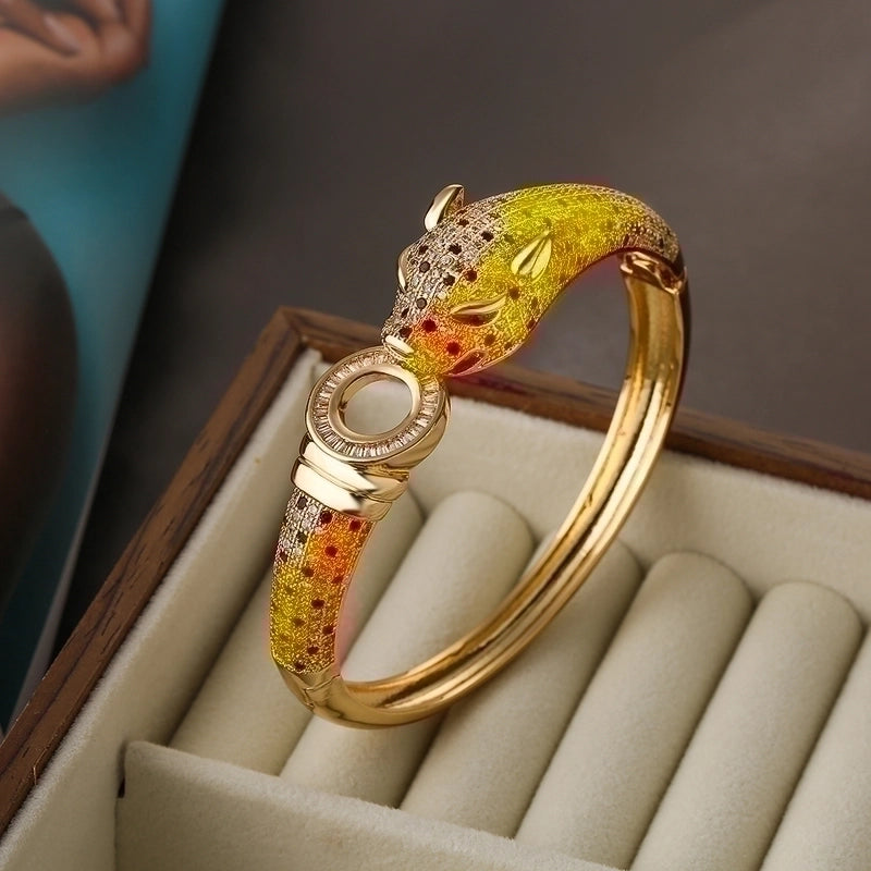 2 Pieces Hip-hop Leopard Copper 18k Gold Plated Pearl Zircon Bangle In Bulk