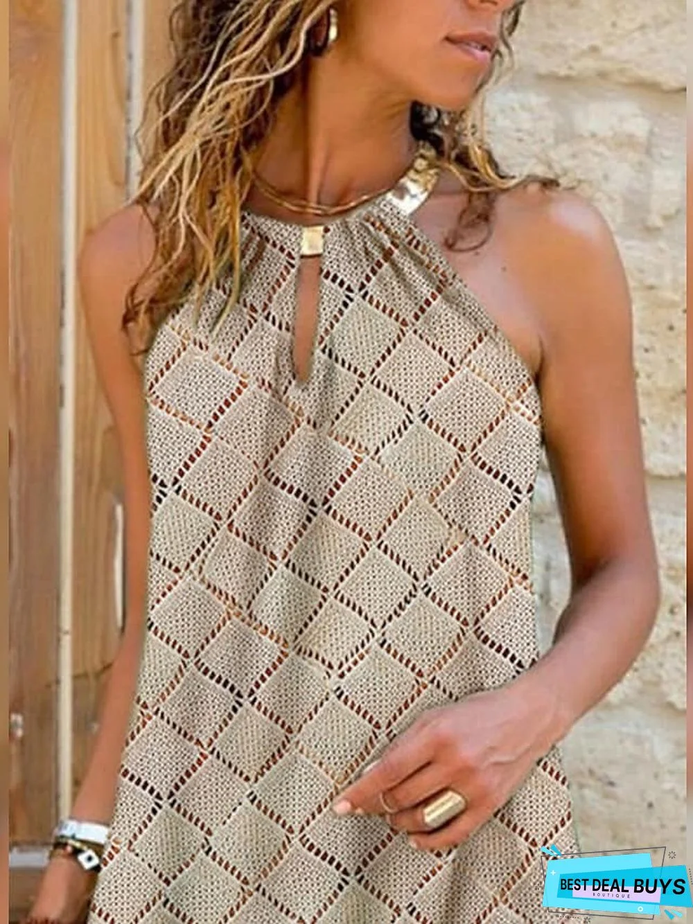 Women's A Line Dress Short Mini Dress Blue Khaki Green Sleeveless Print Color Block Geometric Print Summer Halter Neck Casual