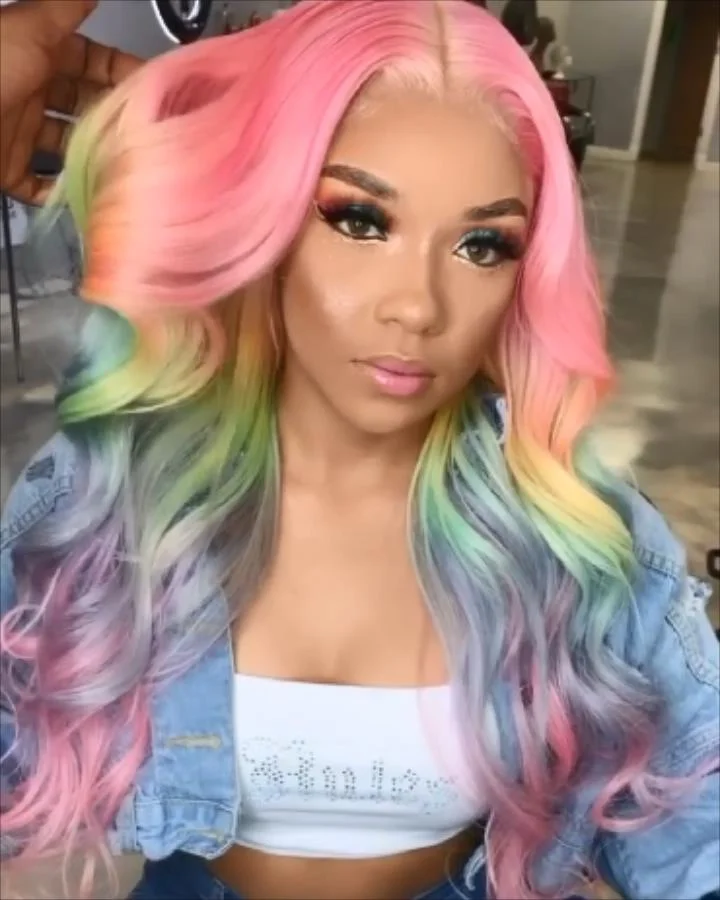 ELCNEPAL® | (🔥HOT)NEW Rainbow Lace Wig Frontal Hand-Tied Trendy Wave Wig/Pink Colorful ELCNEPAL