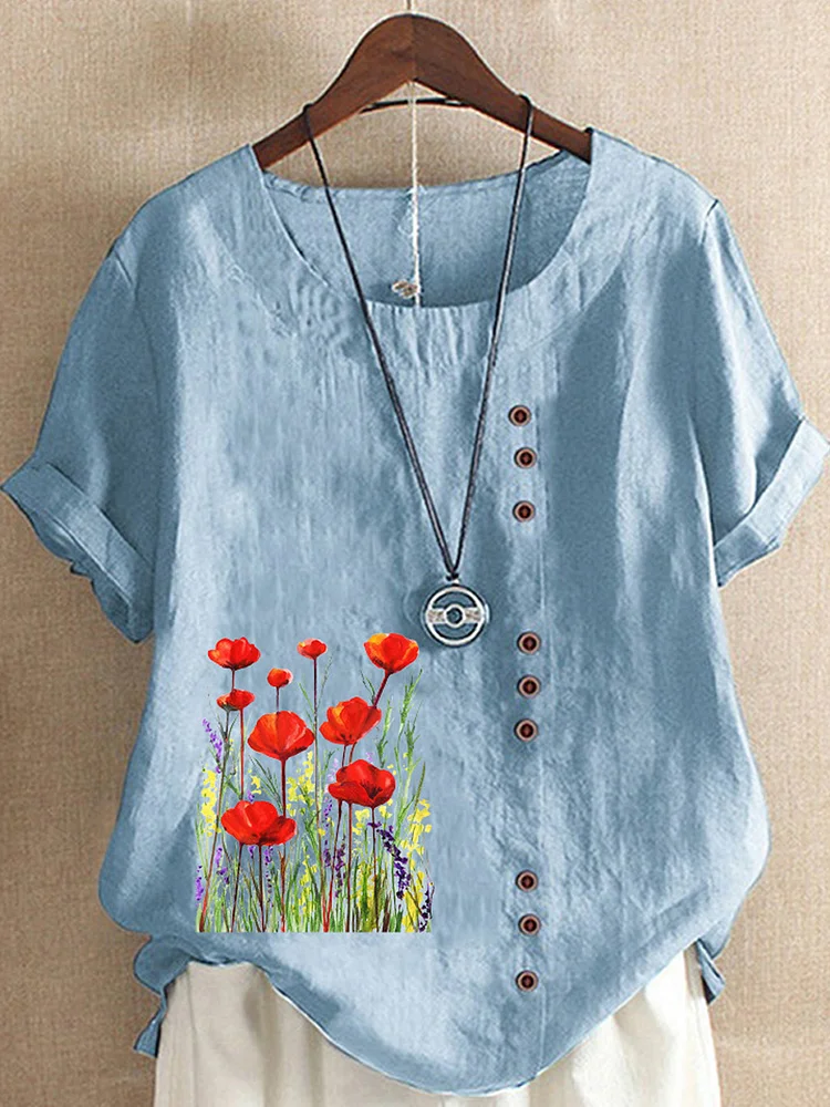 Casual Vintage Floral Print Crew Neck Short Sleeve Blouse