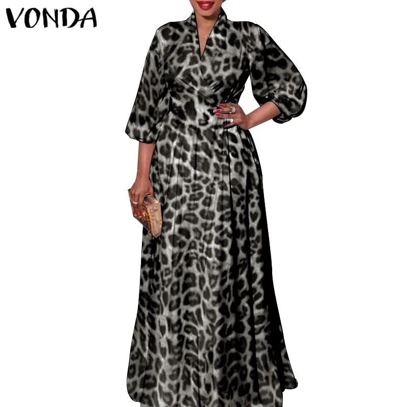 Women Autumn Long Maxi Party Dress 2022 VONDA Sexy V Neck Long Sleeve Solid Dresses Bohemian Vestidos Femme Satin Slik Sundress
