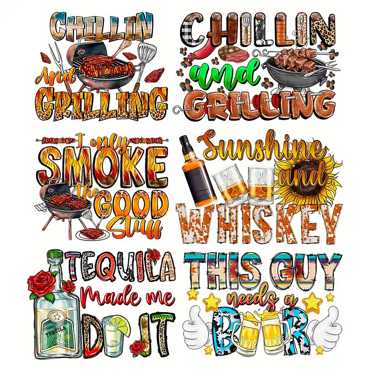 6pcs/set  Frozen Barbecue Beverage Drinks Party Theme Heat Transfer For T-Shirt Arts Craft Home Decors