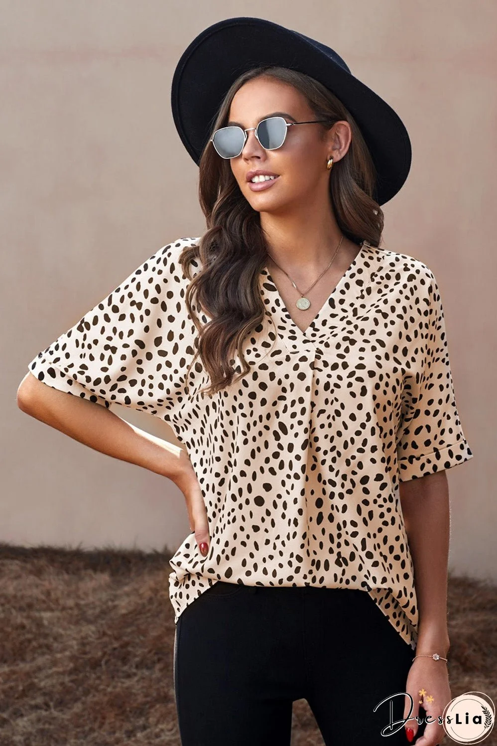 Printed V-Neck Cuffed Tunic Top